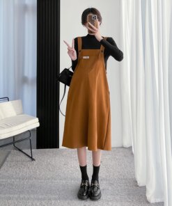 5093# Autumn Winter Korean Fashion Corduroy Maternity Vest Dress Shirt Sets Elegant A Line Clothes for Pregnant Women Pregnancy