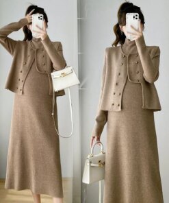 Knitted Sweater Bottom Dresses Vest Pregnant Women's Two Piece Long Sleeve High Neck Dress Elegant Outgoing Loose Slim Warm Suit