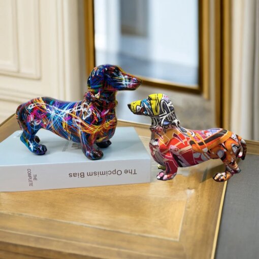 Creative Graffiti Dachshund Dog Statue Home Decor Colorful French Bulldog Sculpture Animal Figurine Living Room Desk Accessories