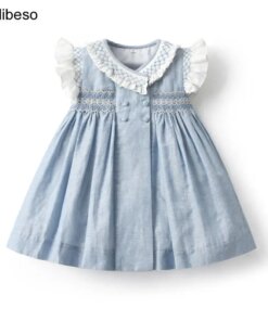 2024 Kids Spanish Dress Girls Hand Made Smocking Blue Dress with Ruffle Collar Sleeeve Baby Smocked Embrodiery Dresses