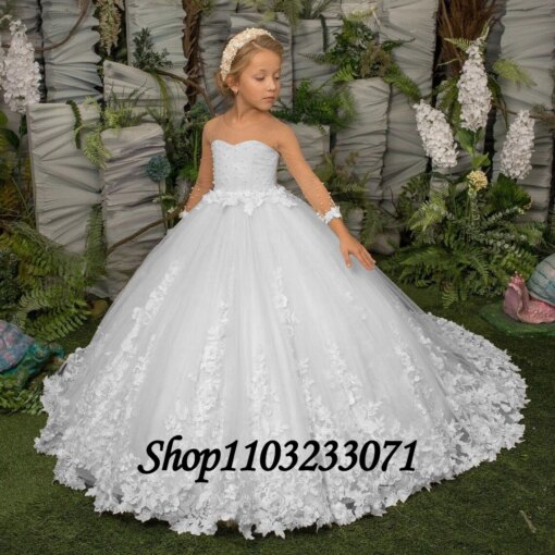 White Flower Girl Dress Lace Beaded O-Neck A-Line Floor-Length Tail Kids Girls Wedding Birthday First Communion Party Dresses