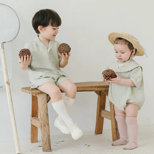 2023 Baby Boy Outfit Set Baby Boys Summer Pajamas Kids Plaid Single-Breasted Night Clothes Children Sleepwear 2pcs Infant Nighty