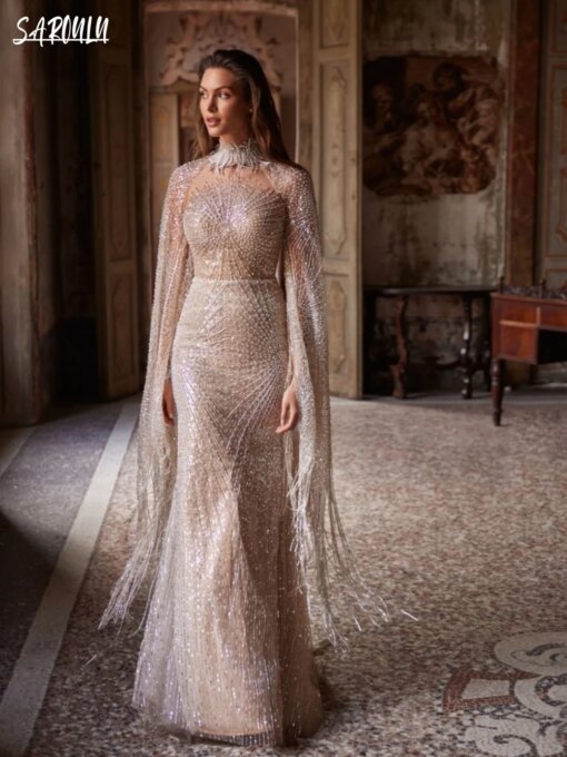 Elegant High Neck Wedding Dress Luxury Pearls Sequins Mermaid Bride Robe Illusion Floor-length Bridal Dresses Vestidos De Novia