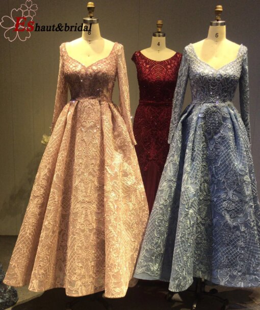 Dubai Muslim Night Evening Dress for Women 2023 Long Sleeves Aline V-Neck Crystal Handmade Lace Wedding Prom Formal Party Gowns