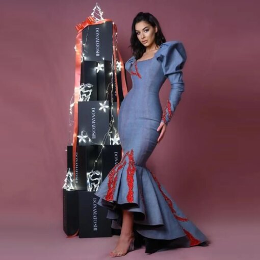 Gorgeous High Low Mermaid Evening Gowns Saudi Arabia Lace Appliques Puffy Long Sleeves Prom Dresses Women Formal Party Dress