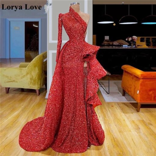 Red Sequin Sexy Evening Dresses Women 2024 Party Robe De Soiree Elegant One-Shoulder Long Sleeves Vestidos Shiny Prom Maxi Dress