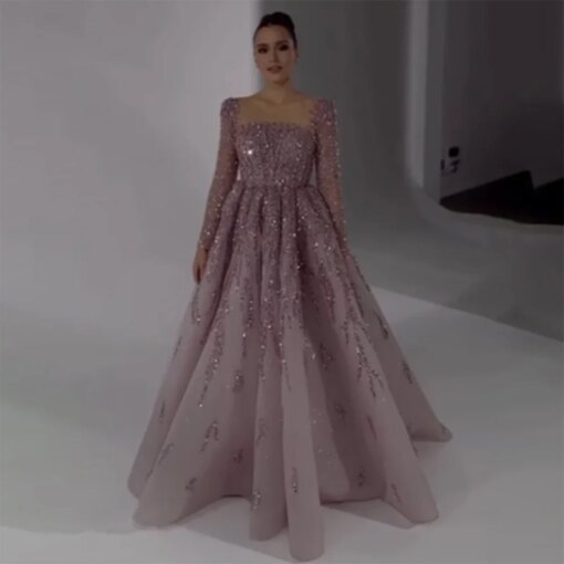 Serene Hill Muslim Pink A Line Beaded Luxury Dubai Long Evening Dresses Gowns 2024  For Woman Wedding Party LA71915