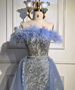 Serene Hill Blue Diamond Feather Mermaid Elegant With Overskirt Evening Dresses Gowns 2024 For Women Wedding Party LA72061