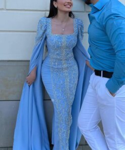 Sharon Said Luxury Dubai Sky Blue Mermaid Muslim Evening Dresses with Cape Sleeves Arabic Women Lilac Wedding Party Gowns SS365
