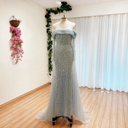 Elegant Sky Blue Mermaid Pearls Evening Dress for Women 2024 Long Sleeves with Detachable Train Formal Prom Wedding Party Gowns
