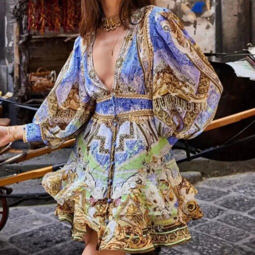 Women V Neck Heavy Beaded Holiday Wear Retro Print 100% Silk Mini Dress