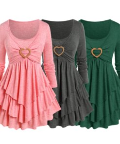 ROSEGAL Heart Ring Layered Long Sleeves T-Shirt  Women Solid Tunic Tops S-4XL Autumn Scoop Neck Blouse Tees Three Colors Choose
