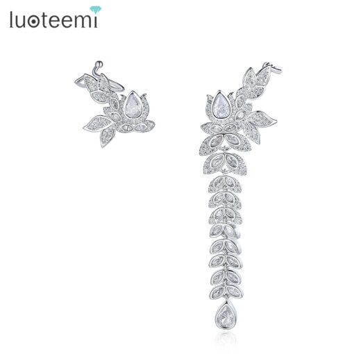 LUOTEEMI Luxury Cubic Zirconia Lab Flower Shape Pendant Stylish Asymmetrical Unusual Ear Clips for Woman Girls Fashion Jewelry