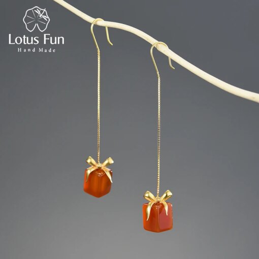 Lotus Fun Natural Red Agate Stone Unusual Gift Box Long Dangle Earrings For Women Real 925 Sterling Silver Luxury Fine Jewelry