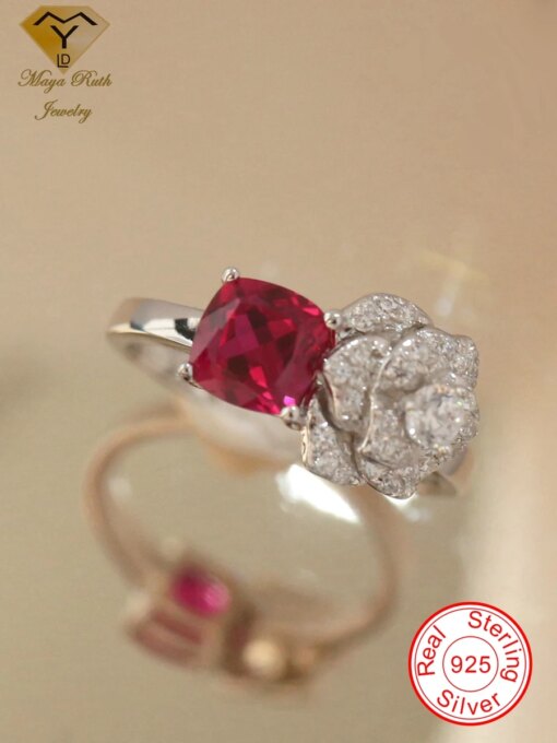 Created Ruby Real Echt 925 Sterling Silver Party Cocktail Unusual Ring For Women Female Friend Gifts Red Rose Flower Shape Cute
