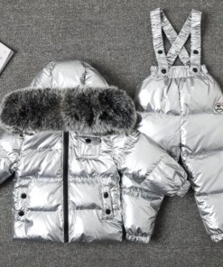 New Winter Thicker Children Down Jacket Overall Suit Big Real Fur Collar Kids Ski Suit Boys Girls Warm Jacket Silver