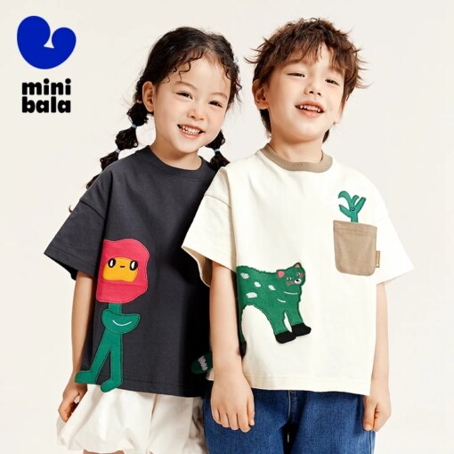 Mini Bala T-Shirt Boys and Girls Short Sleeve T-Shirt Summer 2024 New Baby Pure Cotton Co-Branded Cute Children Top