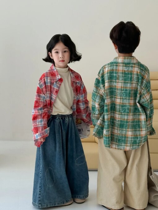 2024 New Arrivals Girls Plaid Shirt Blouse Autumn Fashion Girls Tops Kids Clothes Children Clothing 2-8 Years