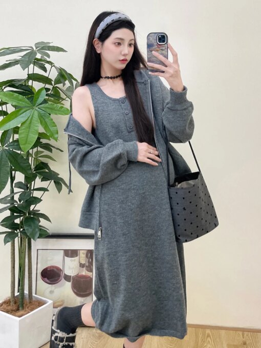Maternity Autumn Winter Clothes Set Pregnant Woman Hooded Sweater Coat + Sundress 2pcs Sports Suit Loose Casual Dress 2024 New